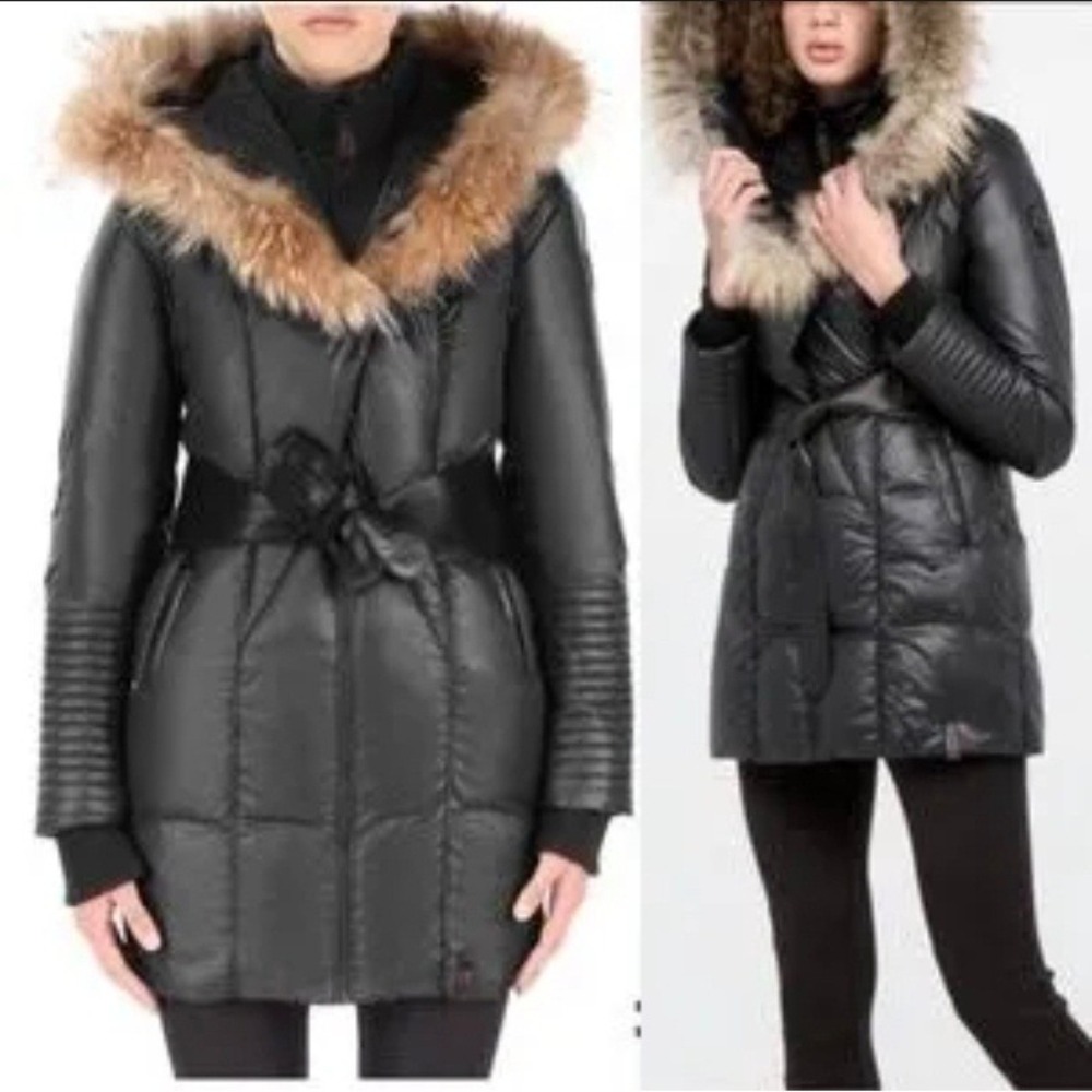 Rudsak Sophie Belted Puffer Coat Geniune Fur-Trim Hood - Khaki/Olive Women Small